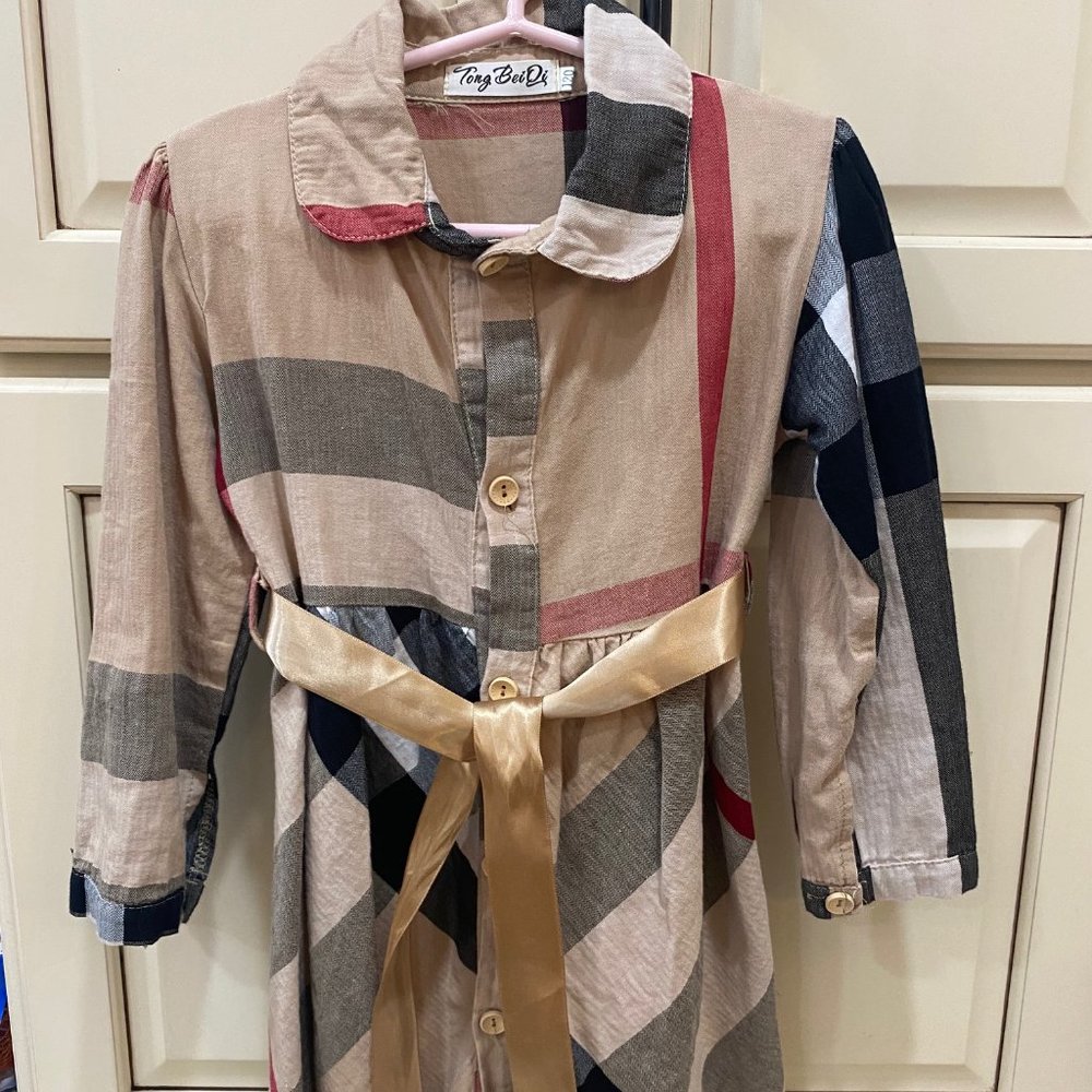 Plaid button down dress w/silk gold belt  4T